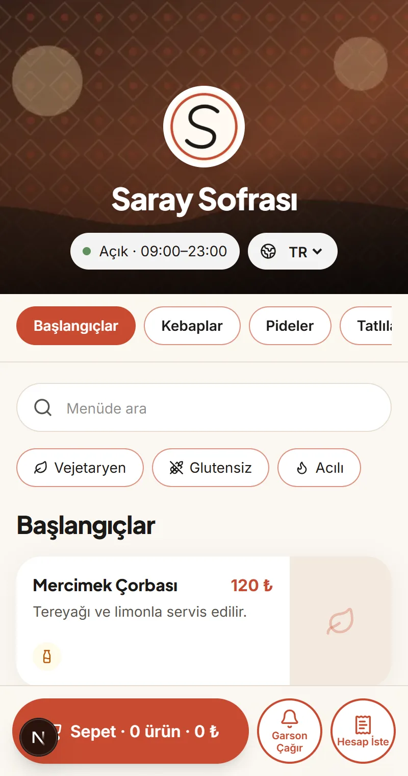 Dokunmenu müşteri menüsü: kategori sekmeleri, ürün kartları ve sepet çubuğu