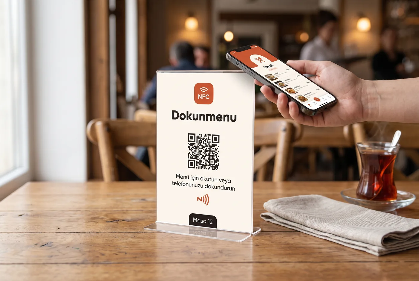 Masadaki NFC pleksi standa telefon dokunduruluyor