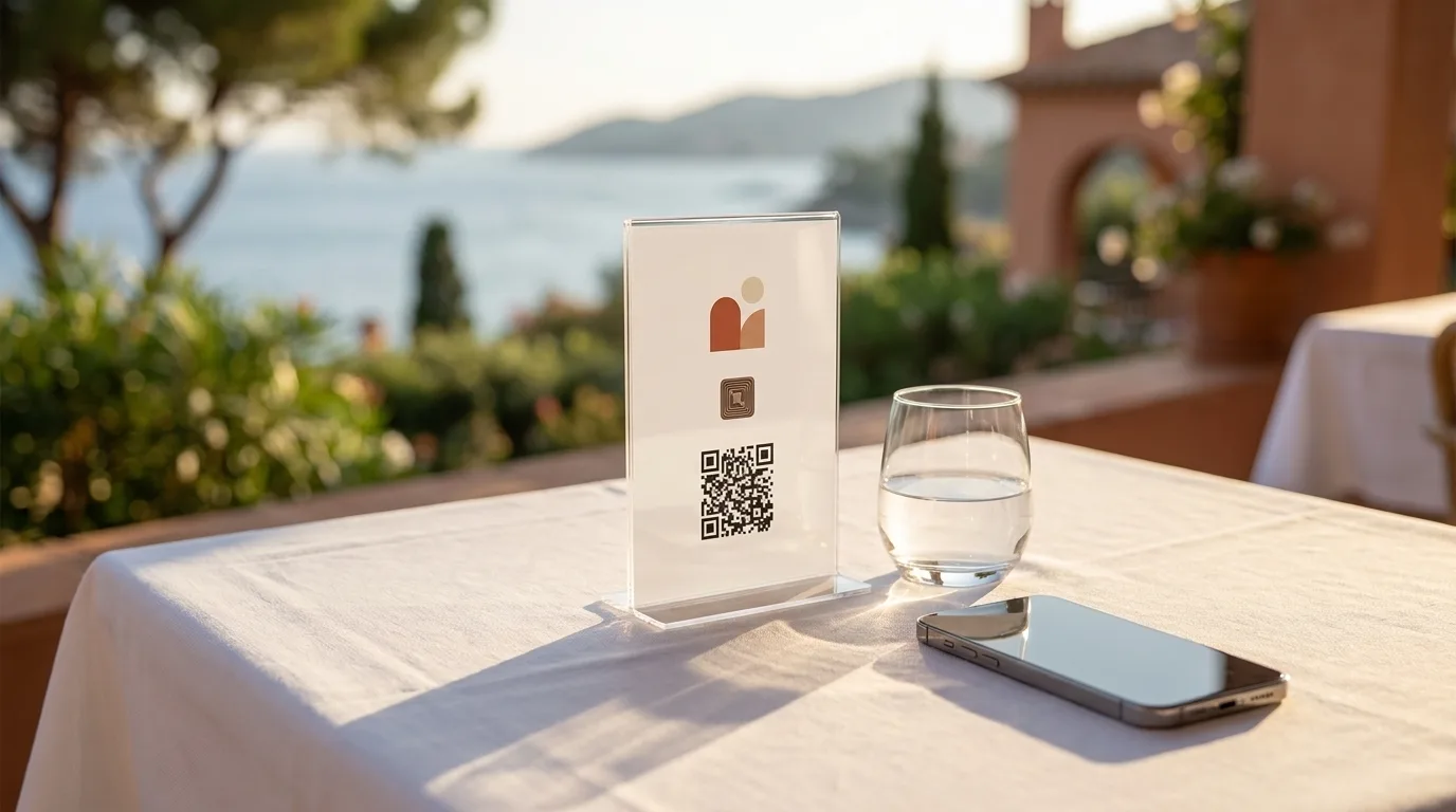 Gün batımında bir otel terasında, beyaz örtülü masada akrilik NFC stand; yanında su bardağı ve telefon