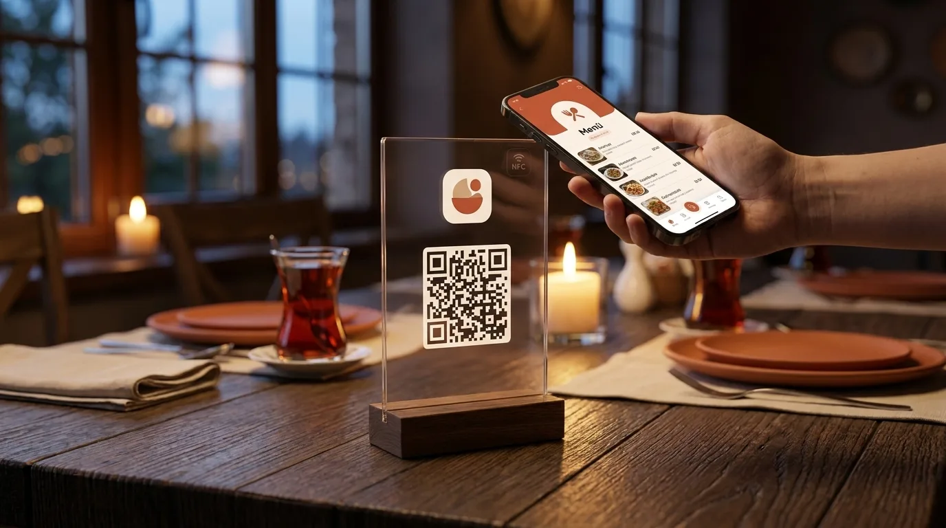 Akşam ışığında bir restoran masasında meşe tabanlı akrilik NFC stand; misafir telefonuyla standa dokunuyor, ekranda menü açık