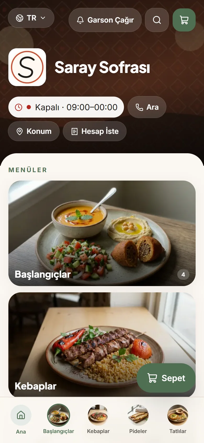 Botanik temasıyla demo menü: Zeytin yeşili, fotoğraflı ızgara. Salata, kahvaltı, bahçe.