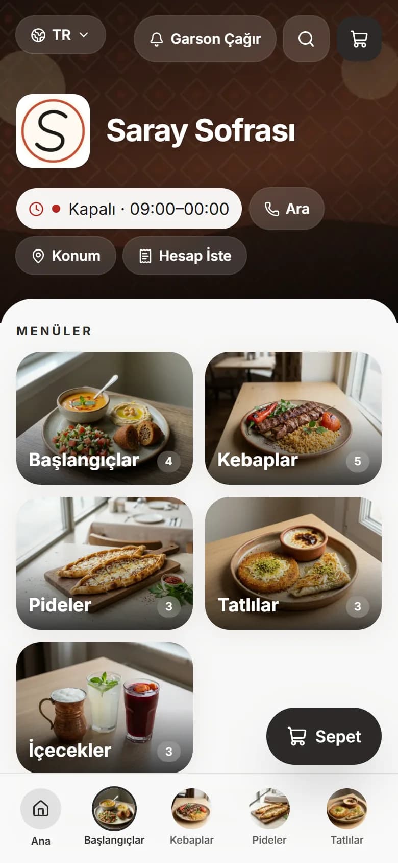 Minimal Mono temasıyla demo menü: Nötr beyaz, antrasit, sade yazı. Ürün konuşsun, tema susun.