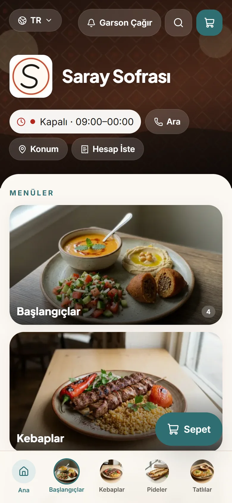 Modern Kafe temasıyla demo menü: Çam yeşili-mavi vurgu, fotoğraflı ızgara. Latte art ve pasta dilimi için.
