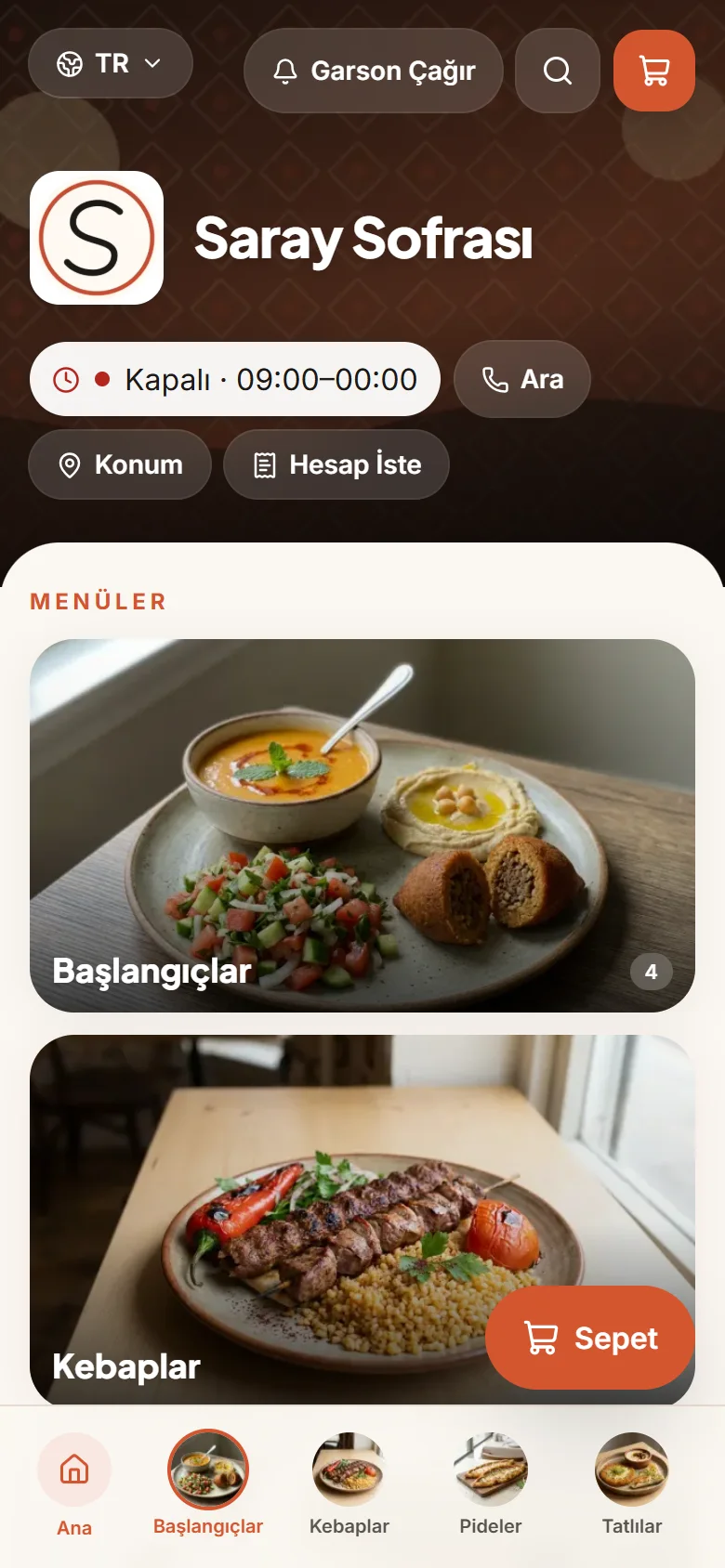 Vitrin temasıyla demo menü: Kiremit vurgu, iki sütun fotoğraf. Her ürün vitrinde.